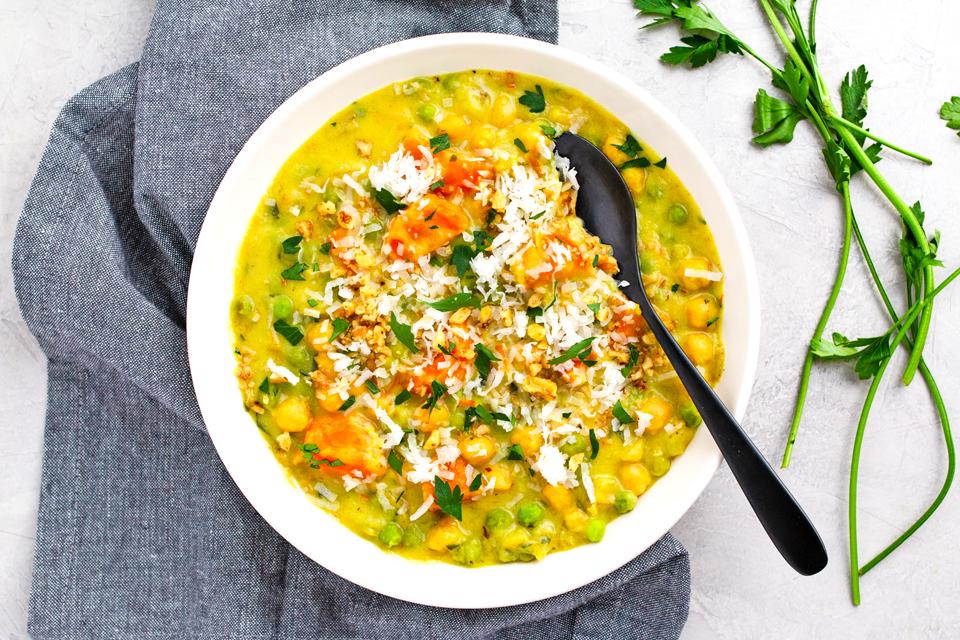 Chickpea Potato Curry with Coconut Braised Chicken Thighs